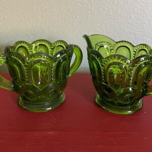 Vintage Avocado Green Glass Creamer and Sugar Set Moon and Stars Pattern